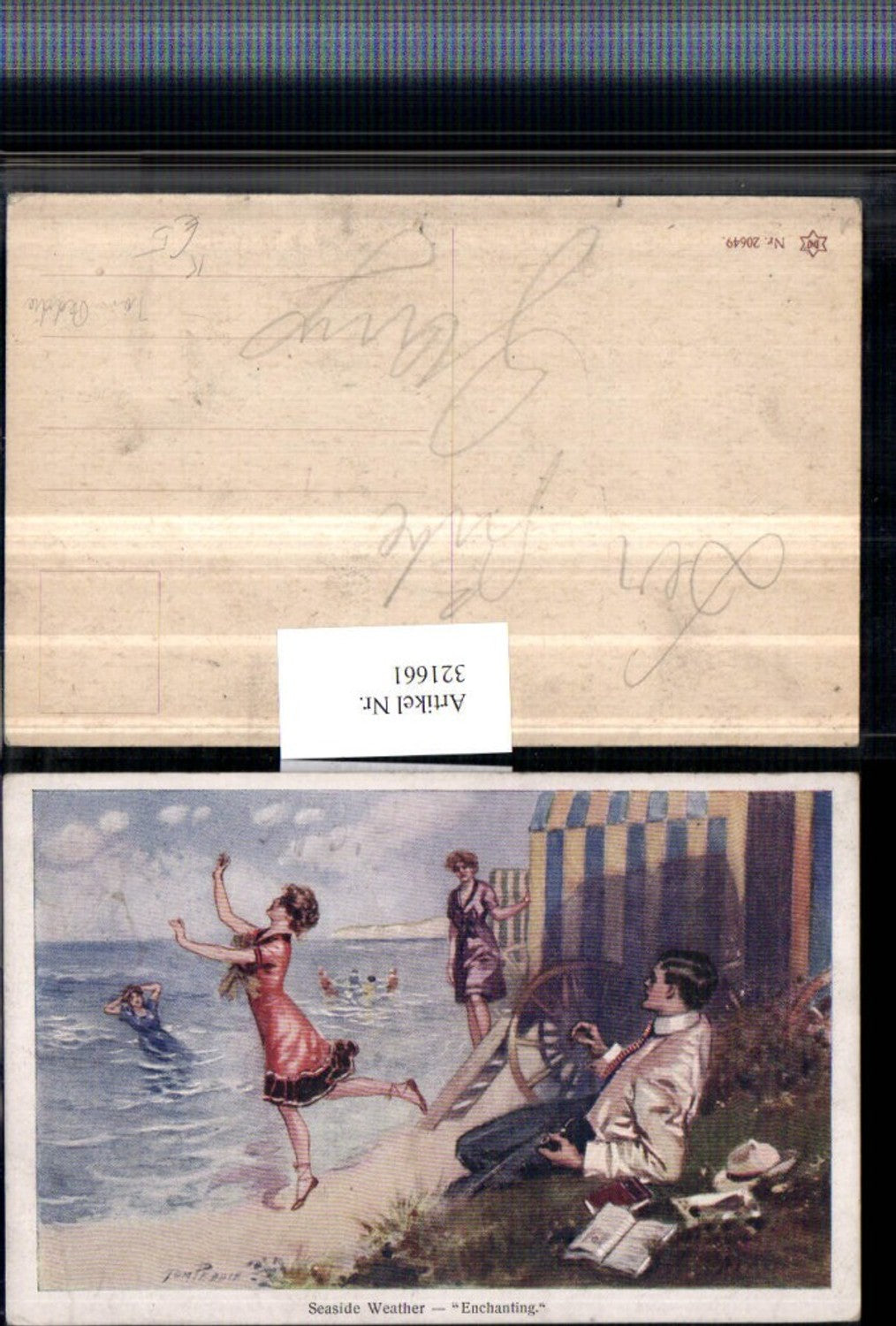 321661,Künstler AK Tom Peddie Seaside Weather Enchanting Strand Mann m. Pfeife Bücher