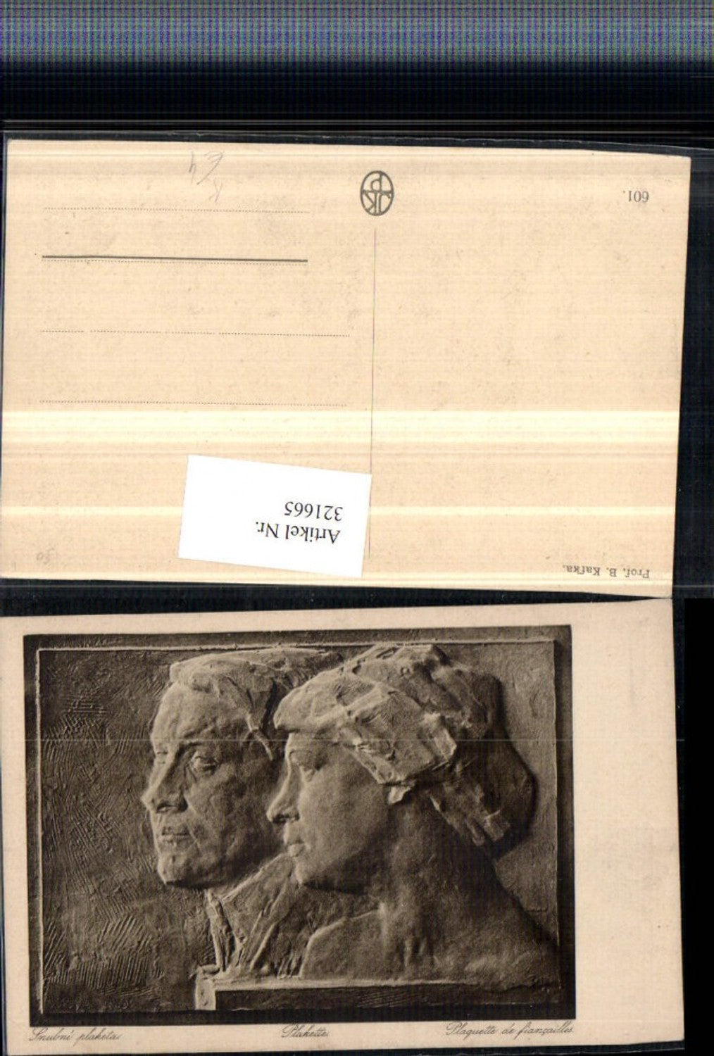 321665,Künstler AK B. Kafka Plakette Relief Köpfe
