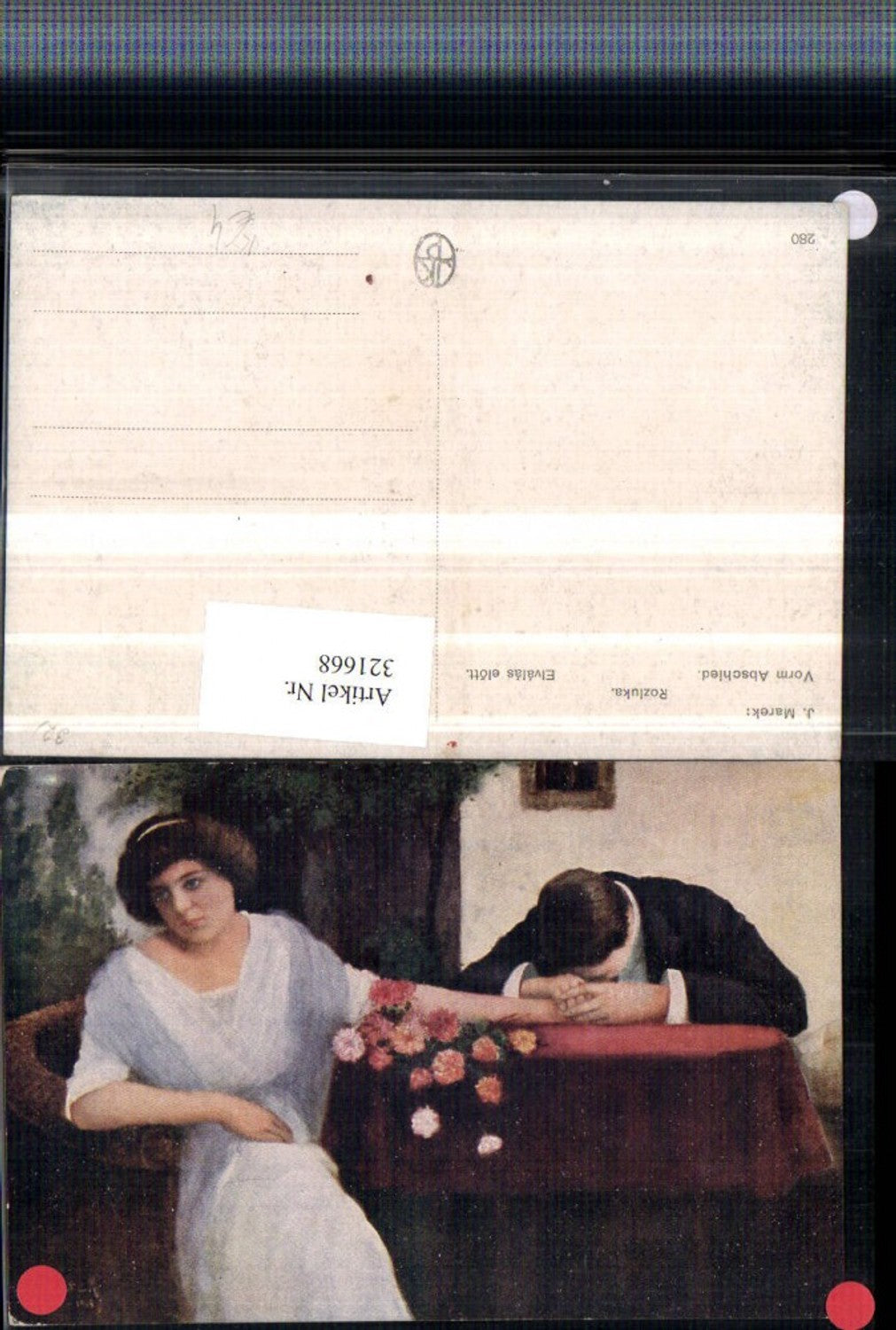 321668,Künstler AK J. Marek Vorm Abschied Paar Frau m. Kleid Blumen