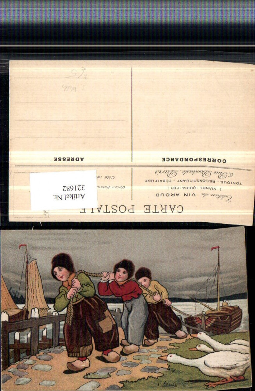 321682,Künstler AK J. Wells Holländische Kinder Segelboote Schnur Gänse