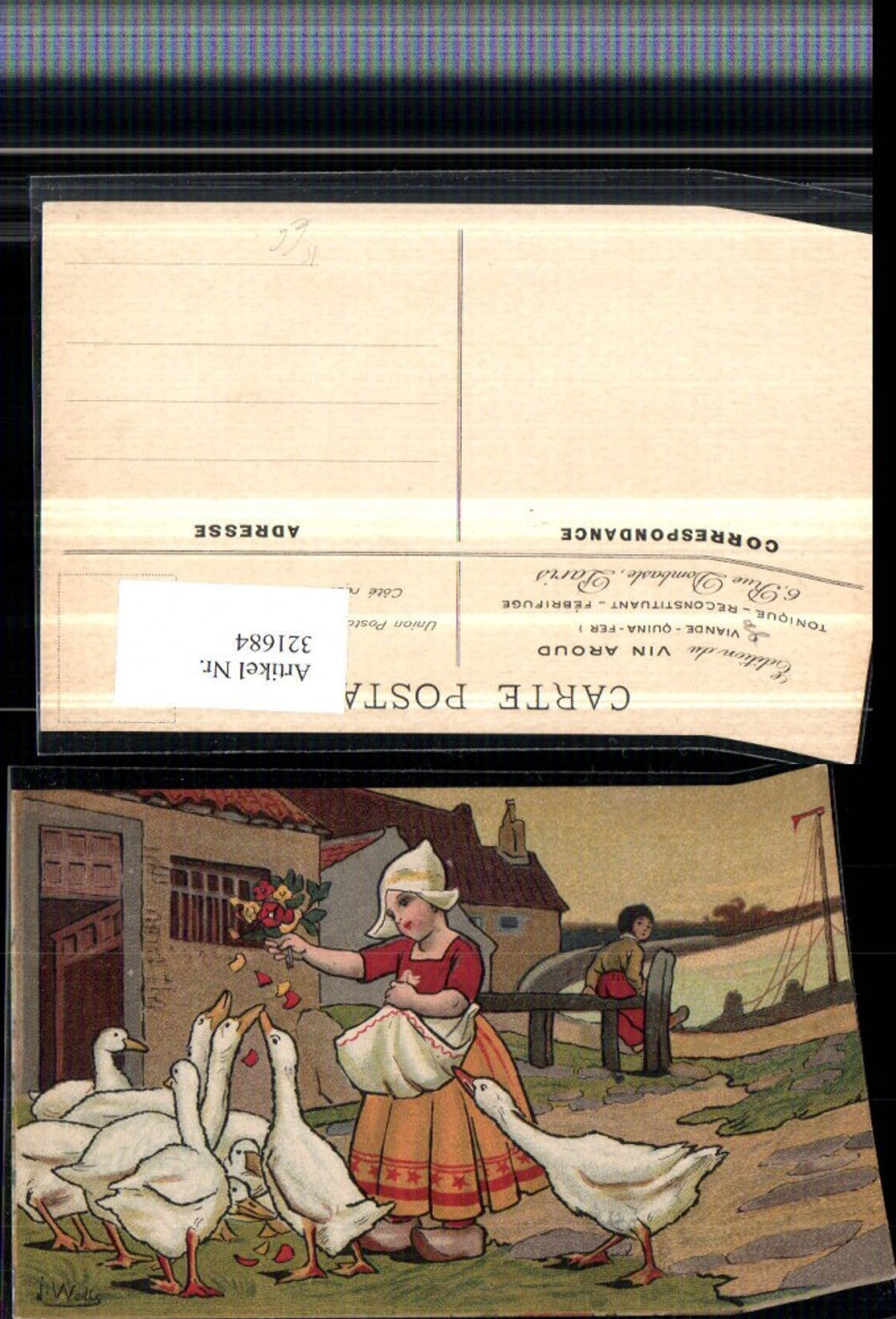 321684,Künstler AK J. Wells Holländisches Mädchen Blumen Gänse