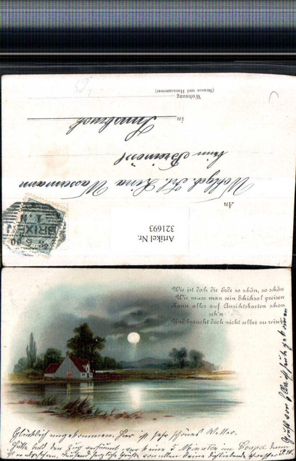 321693,Künstler AK Litho Landschaft Haus Mondschein Spruch