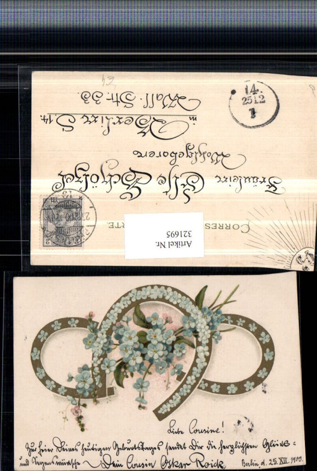 321695,Künstler Litho Hufeisen Blumen Vergissmeinnicht