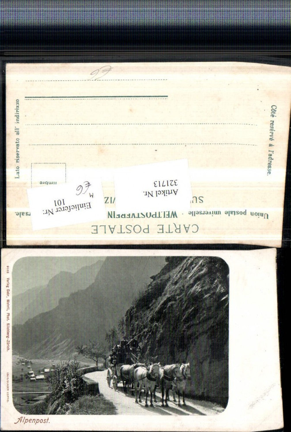 321713,Künstler AK Alpenpost Postkutsche Kutsche Bergkulisse