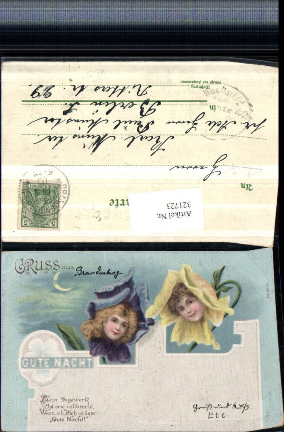 321723,Künstler Litho Gute Nacht Kinderköpfe in Blumen Blüten Spruch