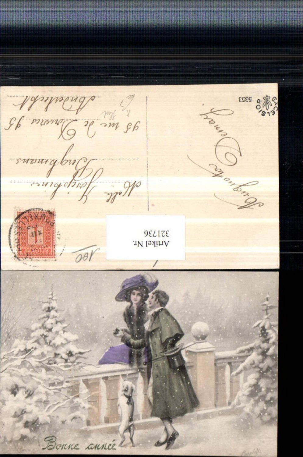 321736,Künstler AK Liebespaar Liebe Frau m. Hut Mann Zylinder Stock Hund Winterbild