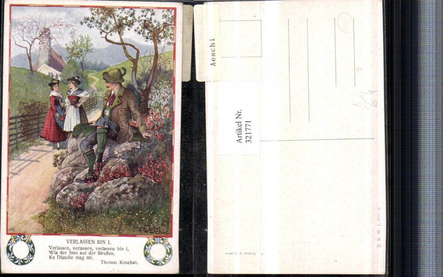 321771,Künstler AK T. Welzl Verlassen bin i Frauen Mann Tracht Federhut Kirche pub B.K.W.I. 273/6