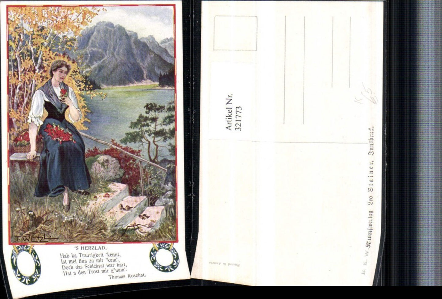 321773, Artist AK T. Welzl's Herzlad Woman with dress Flowers Staircase Mountain backdrop pub BKWI 273