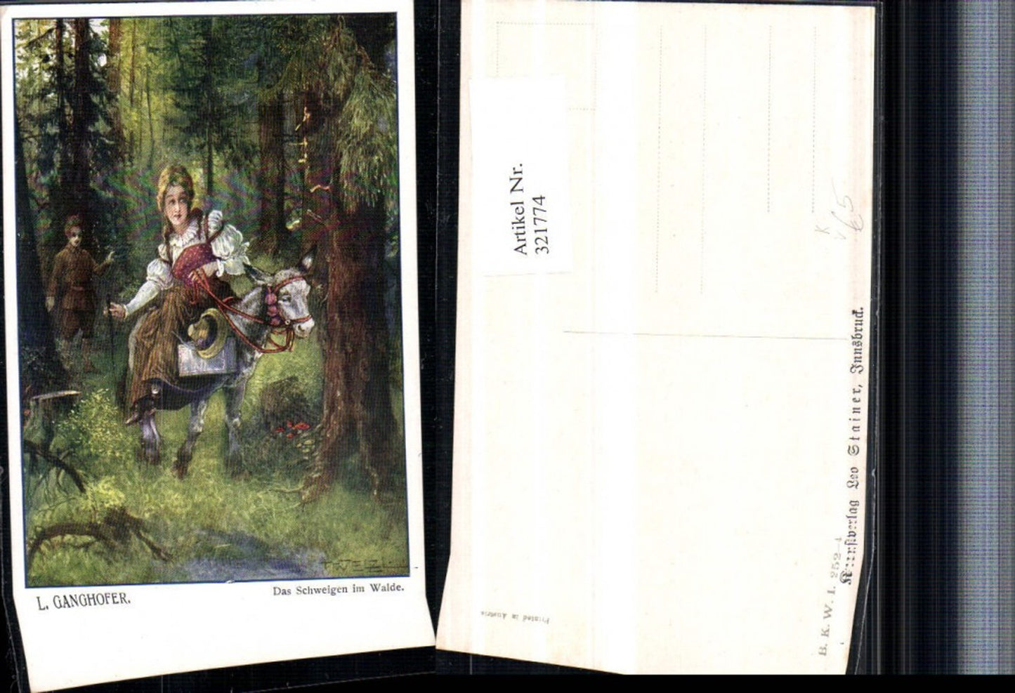 321774,Künstler AK T. Welzl Schweigen im Walde Frau Tracht Esel pub B.K.W.I. 252/4