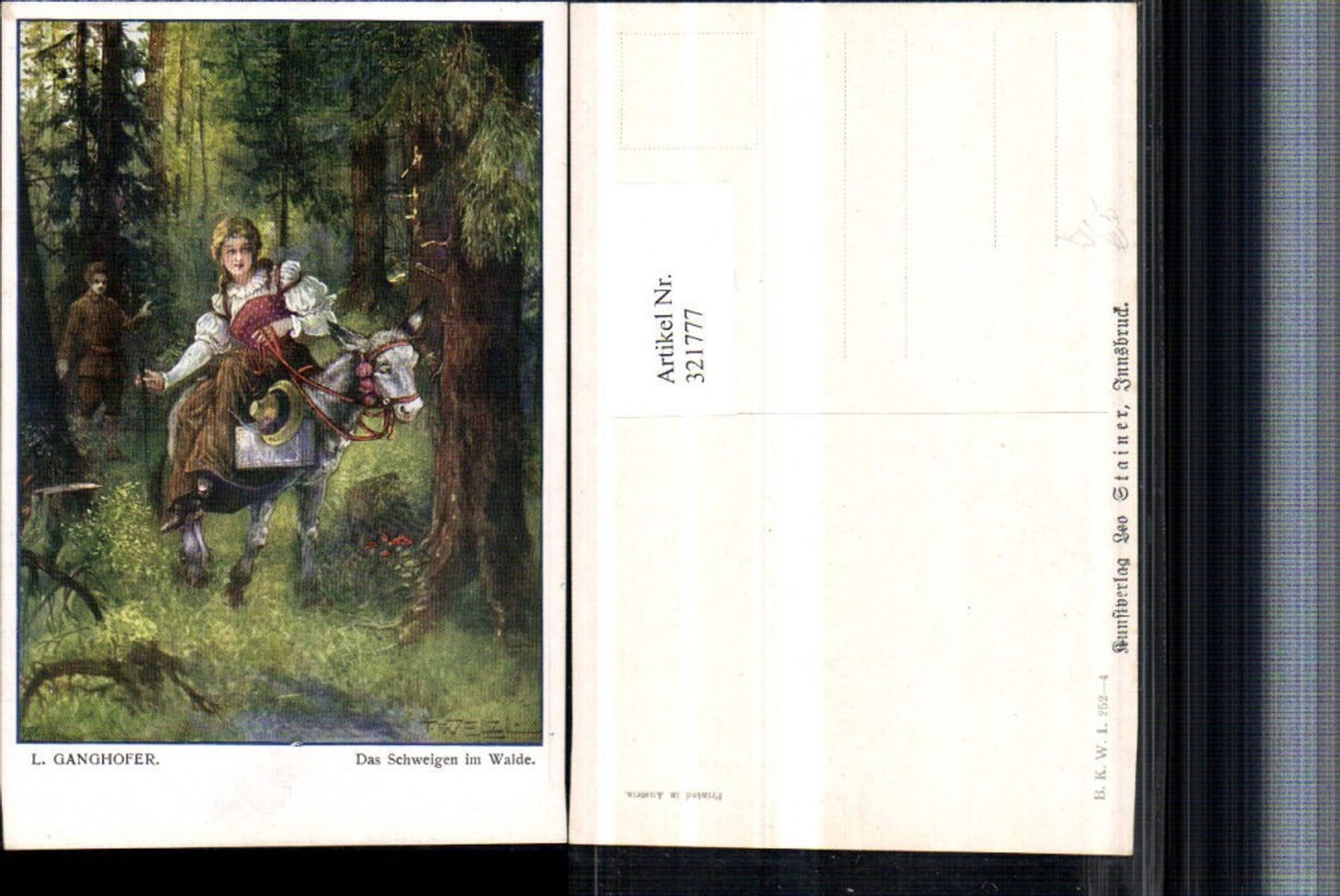 321777,Künstler AK T. Welzl Schweigen im Walde Frau Tracht Esel pub B.K.W.I. 252/4