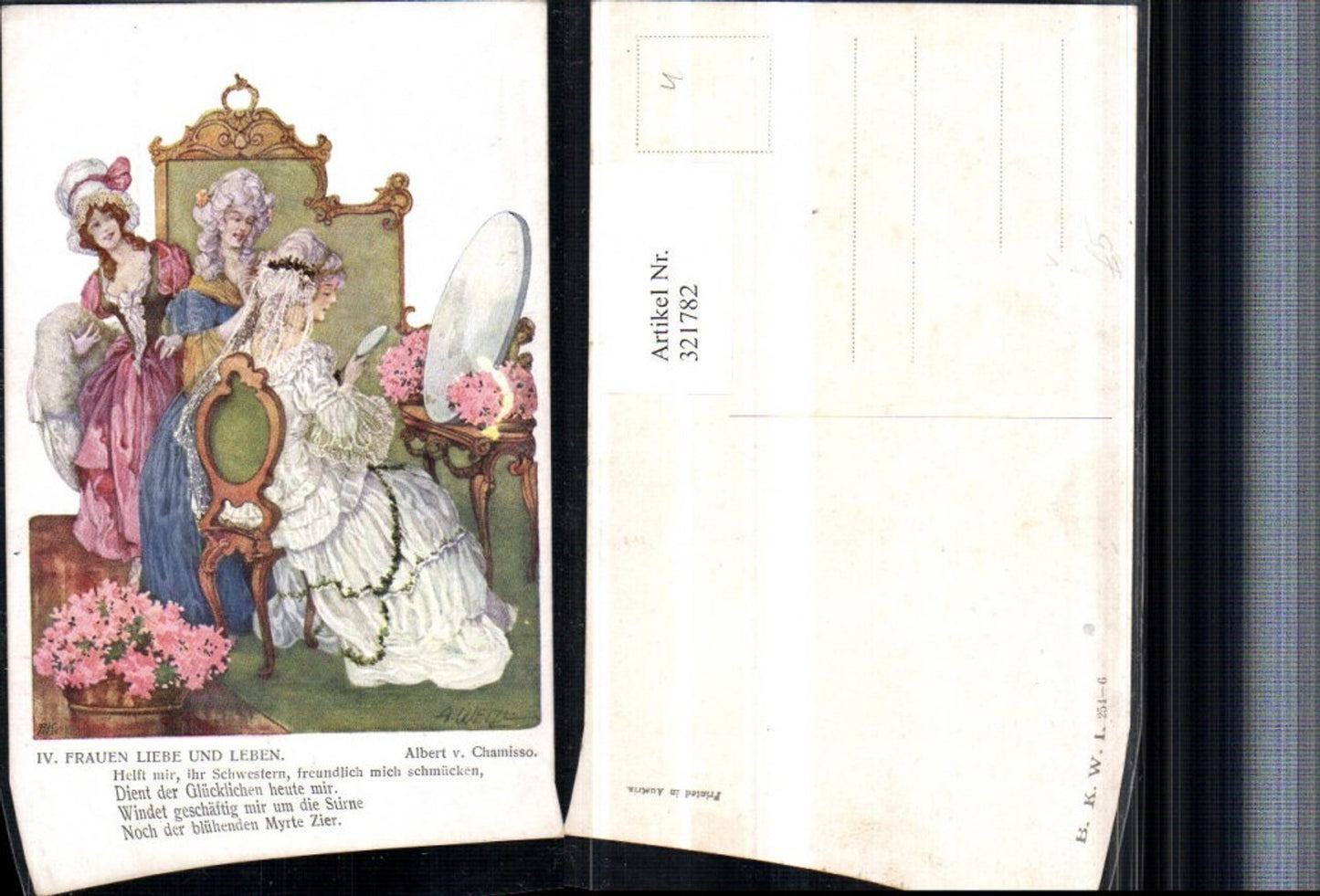 321782,Künstler AK A. Welzl Frauen Liebe u. Leben Hochzeit Rokoko Spielgel pub B.K.W.I. 254/6