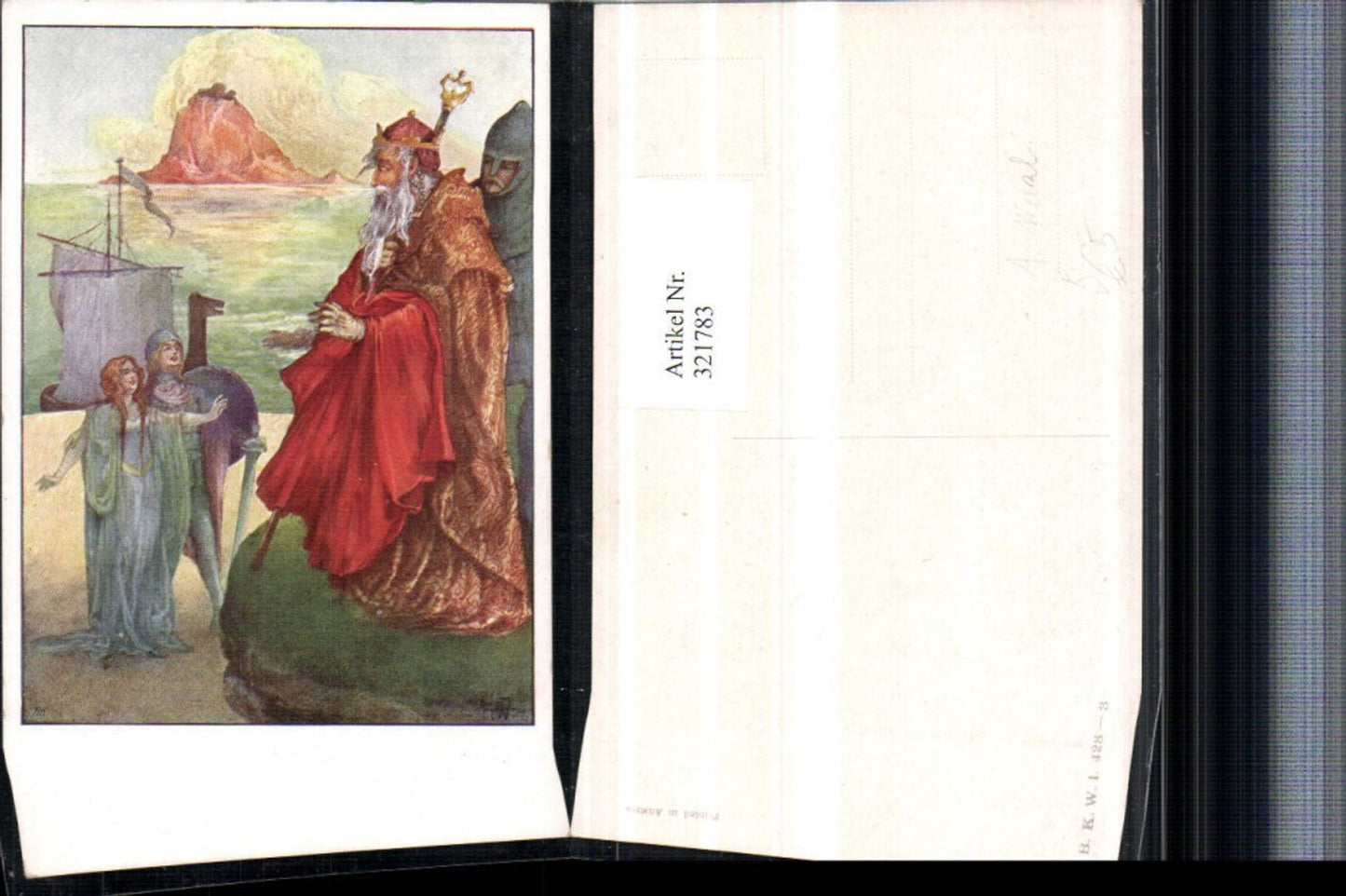 321783,Künstler AK A. Welzl König Ritter Frau m. Kleid Segelboot pub B.K.W.I. 428/3