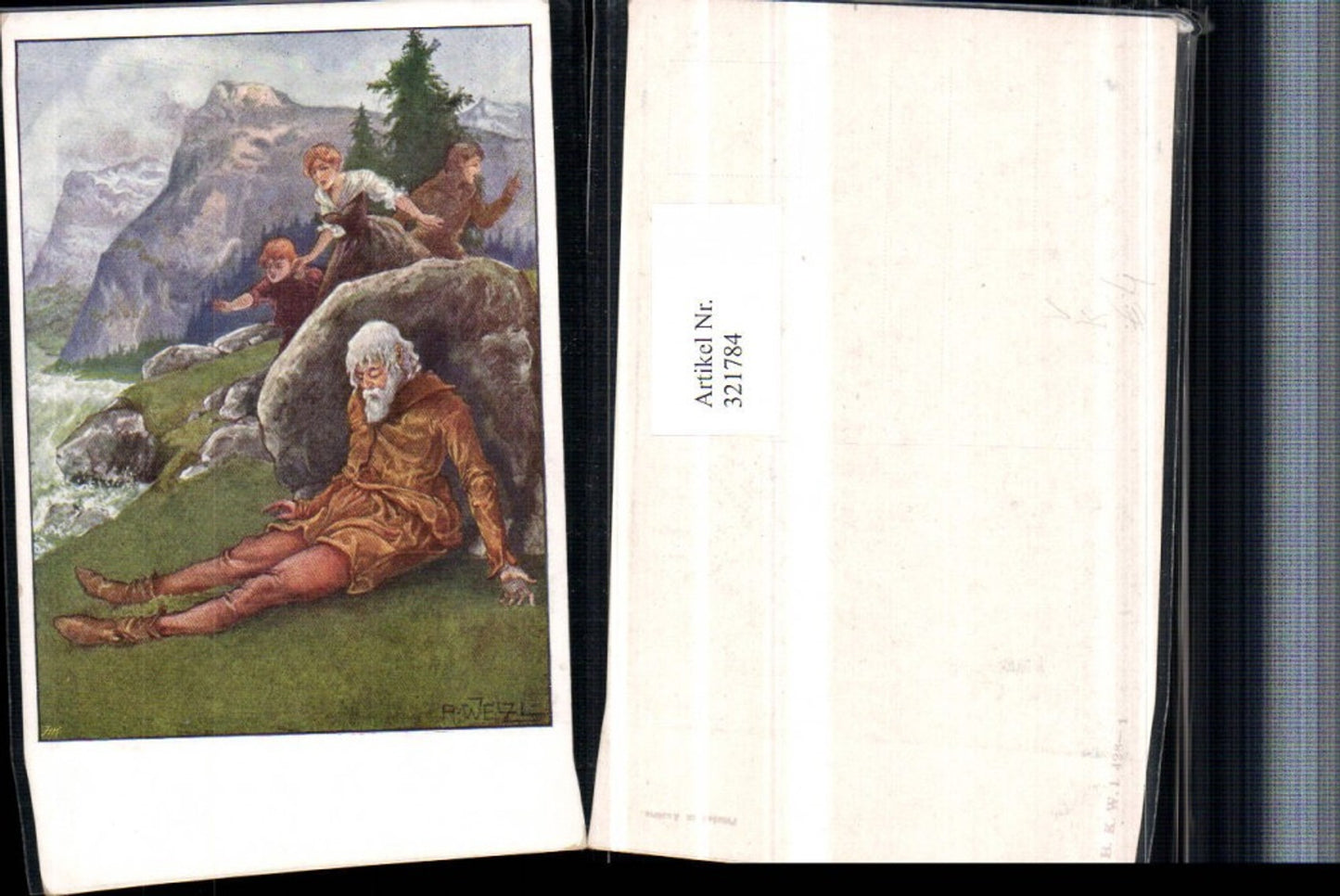 321784,Künstler AK A. Welzl Alter Mann schläft Steinfelsen Bergkulisse pub B.K.W.I. 428/1