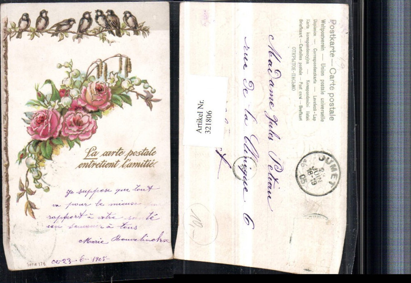 321806,Präge Künstler Litho Blumen Rosen Märzenbecher Vögel