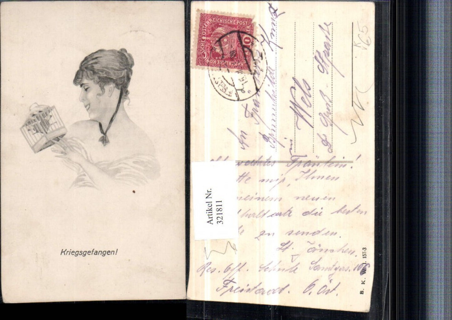 321811,Künstler AK Kriegsgefangen Frau m. Käfig Herz pub B.K.W.I. 157/3