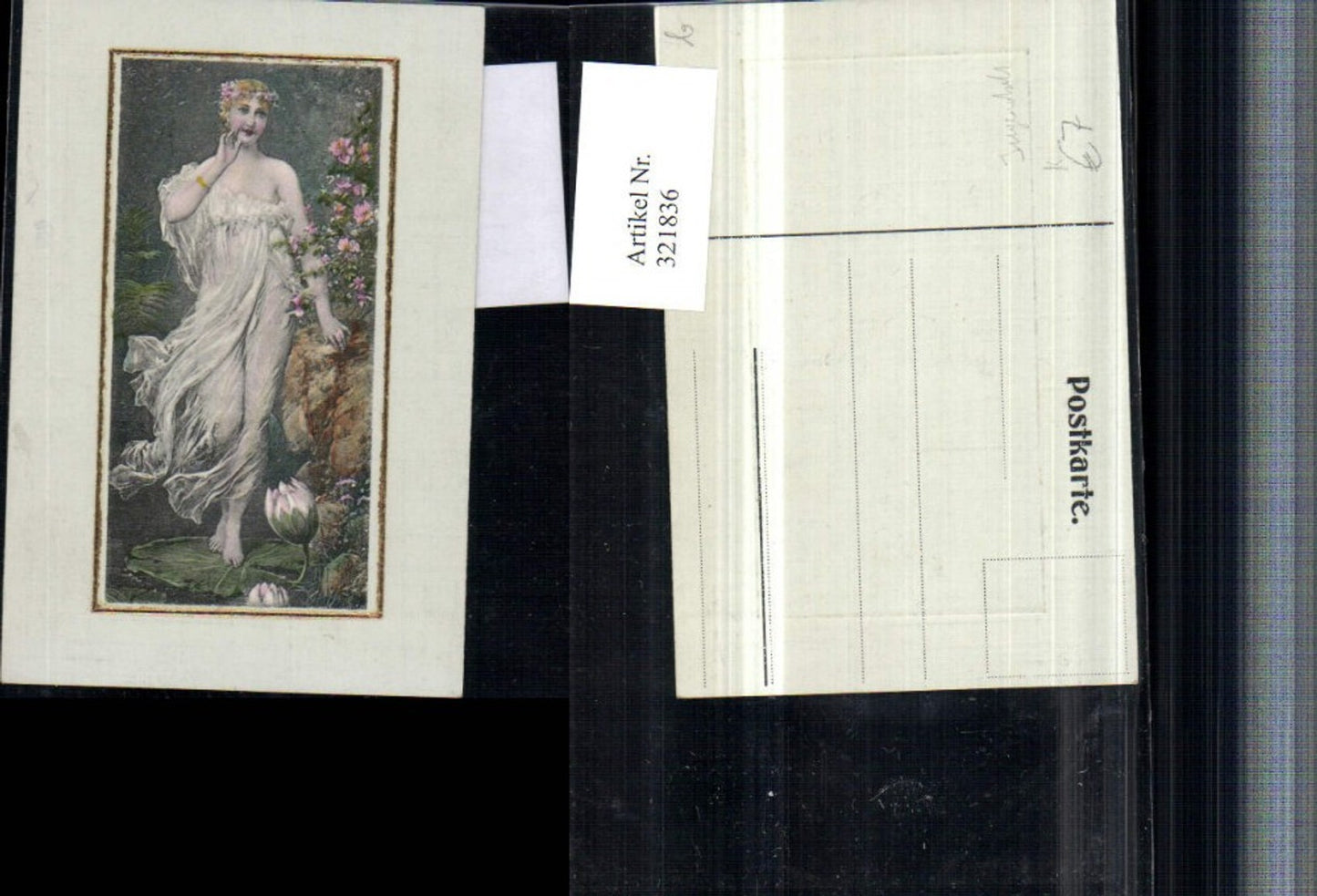 321836,Mini Künstler AK Jugendstil Frau Kleid Seerose Präge Passepartout