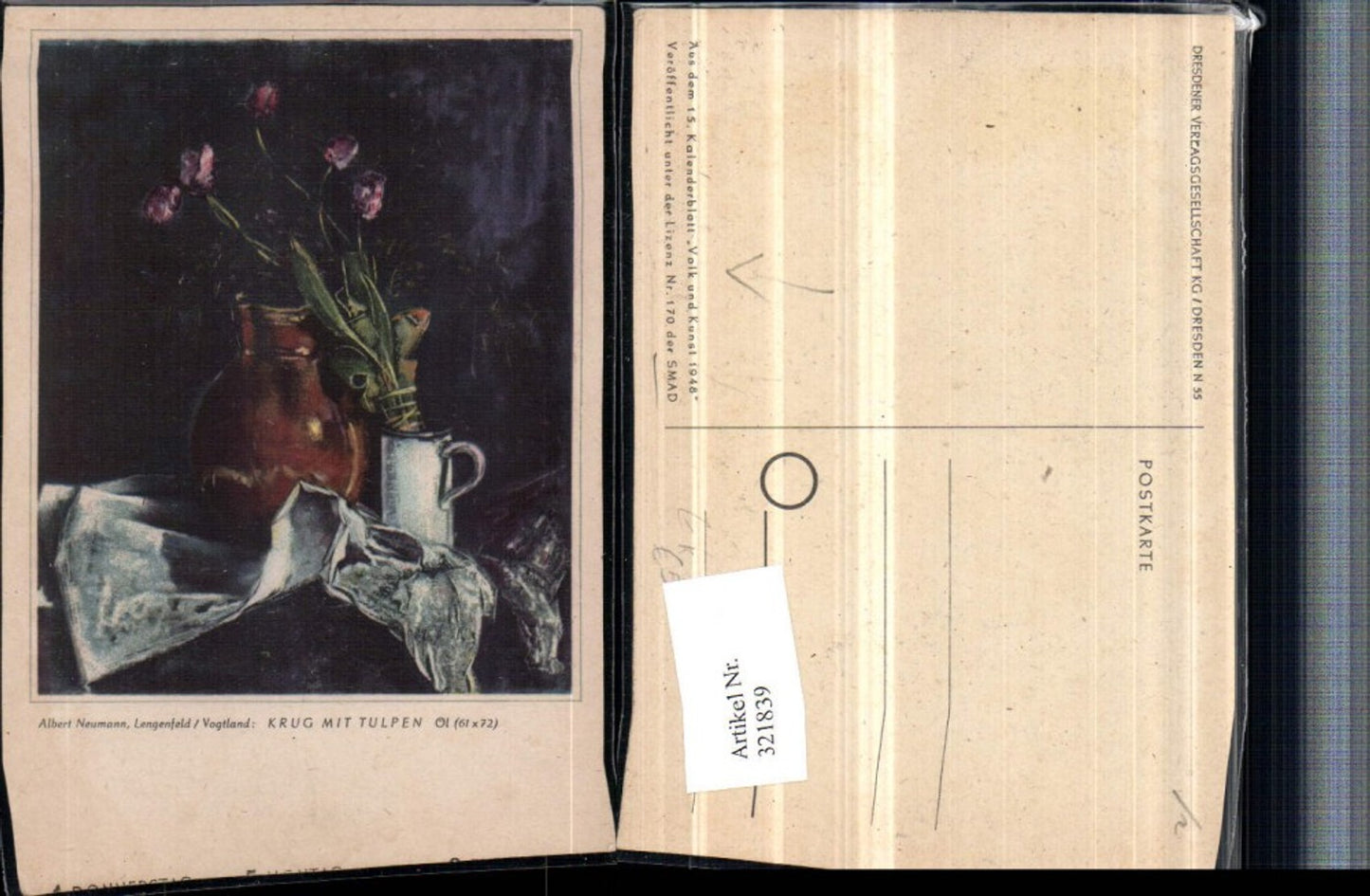321839,Künstler AK Albert Neumann Krug m. Tulpen pub Volk und Kunst 1948 SMAD 170