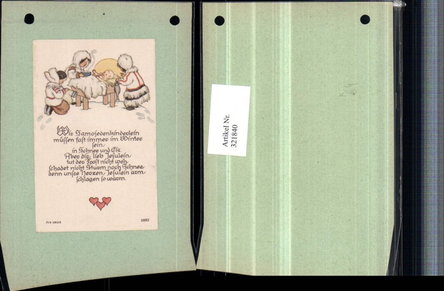 321840,Künstler AK Aufgeklebt IBM Samojeden Kinder Fisch Jesuskind Krippe Spruch Herzen