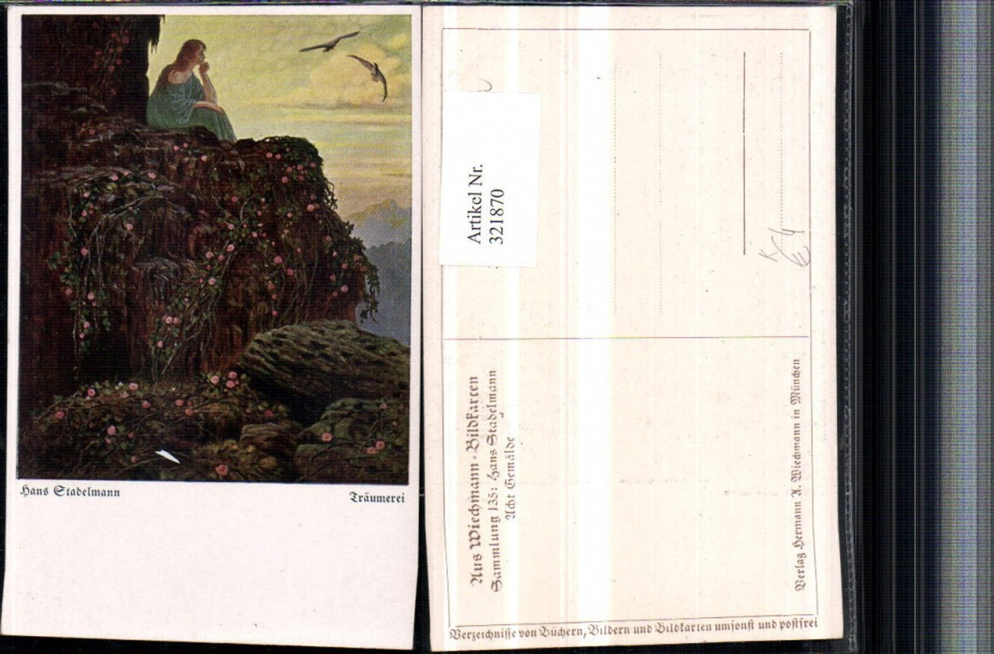 321870,Künstler AK Hans Stadelmann Träumerei Frau m. Kleid Felsen Vögel