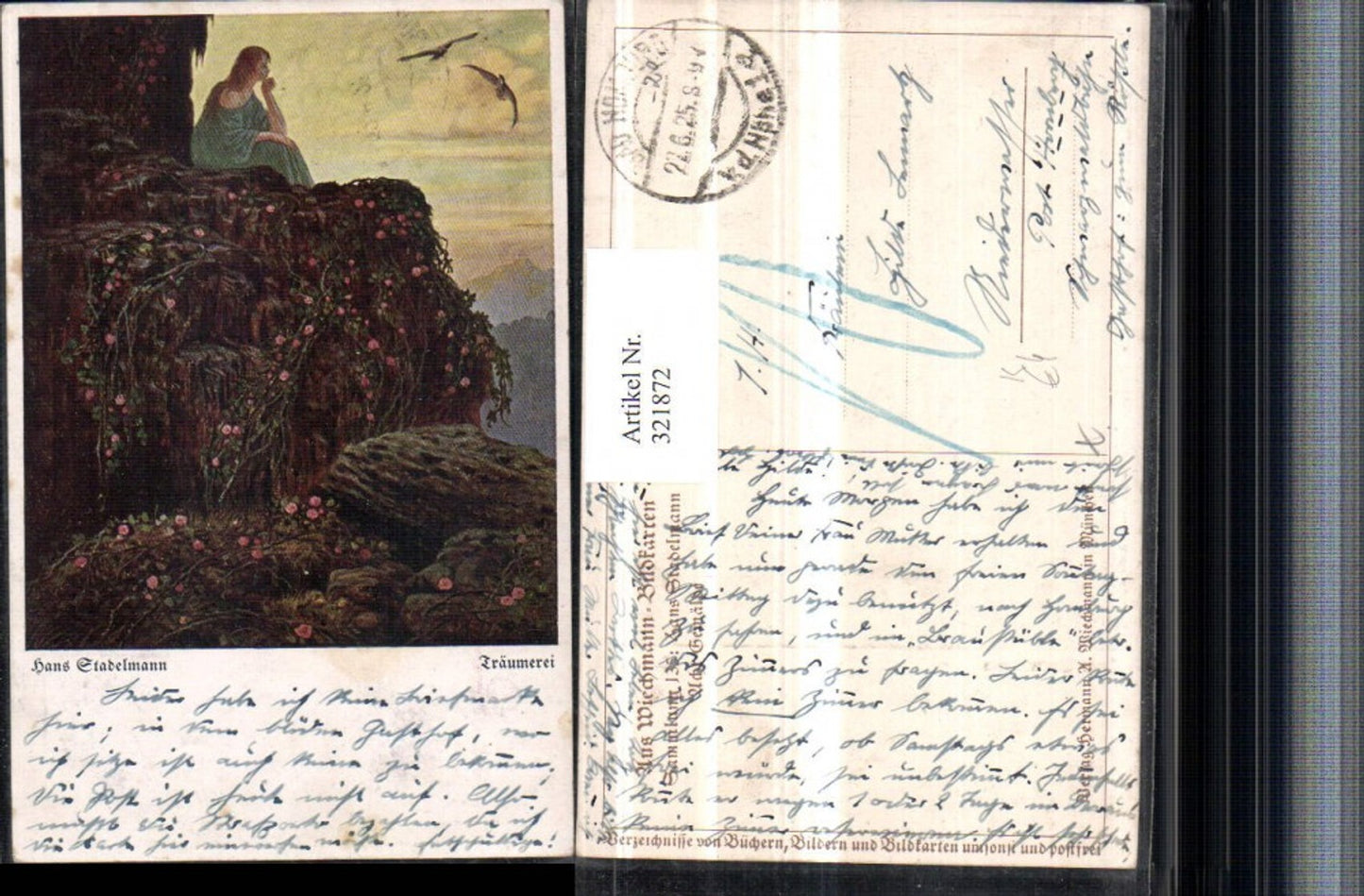 321872,Künstler AK Hans Stadelmann Träumerei Frau m. Kleid Felsen Vögel