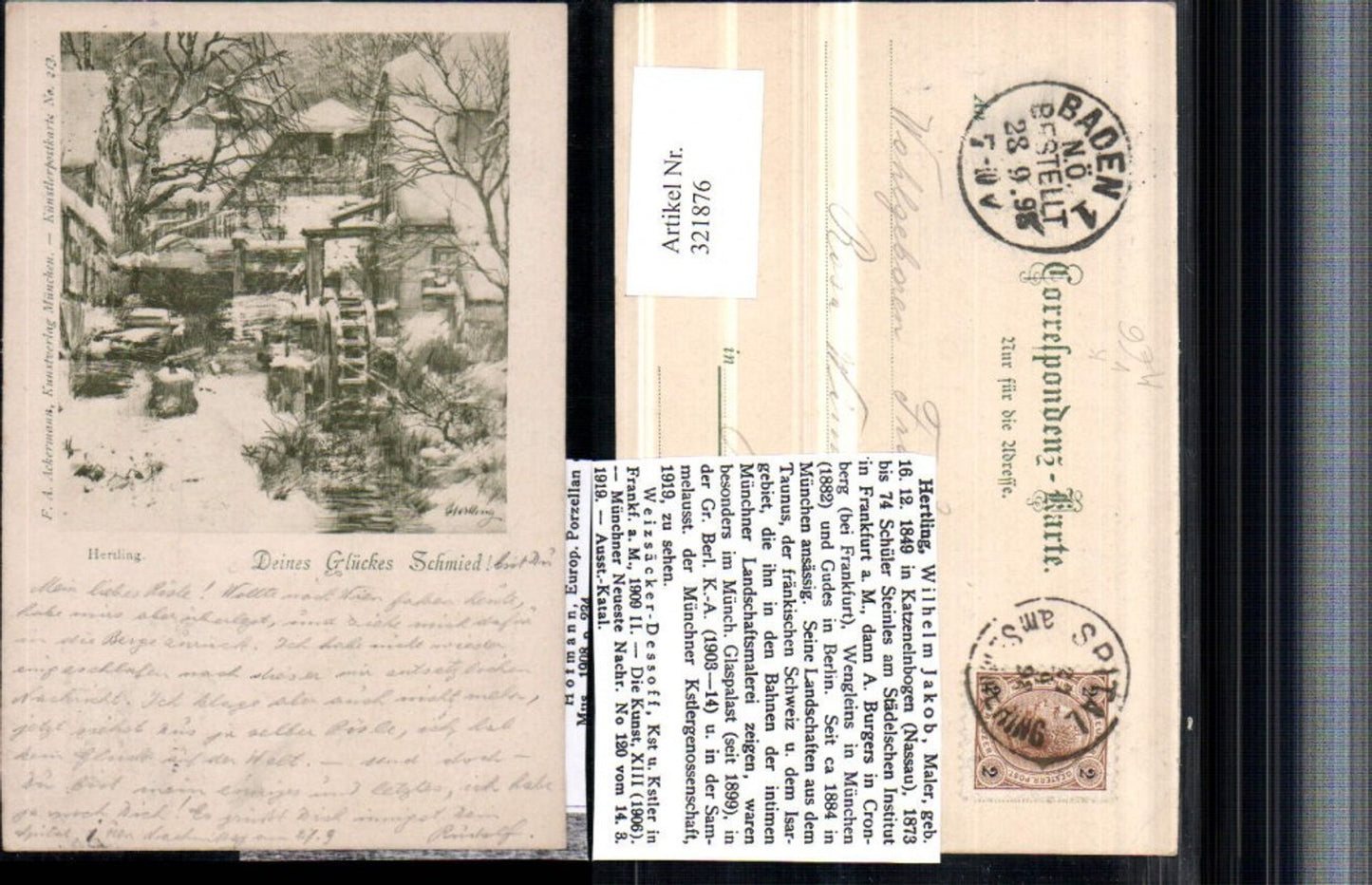 321876,Künstler AK Hertling Glückes Schmied Wassermühle Biografie Maler pub A. Ackermann 213