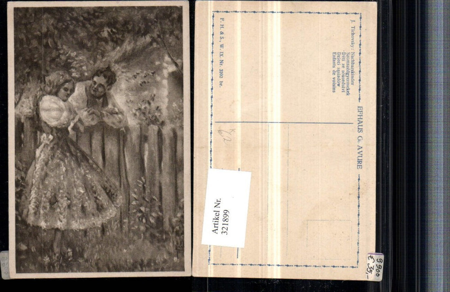 321899,Künstler AK J. Tichovsky Nachbarskinder Mädchen m. Kleid Gartenzaun