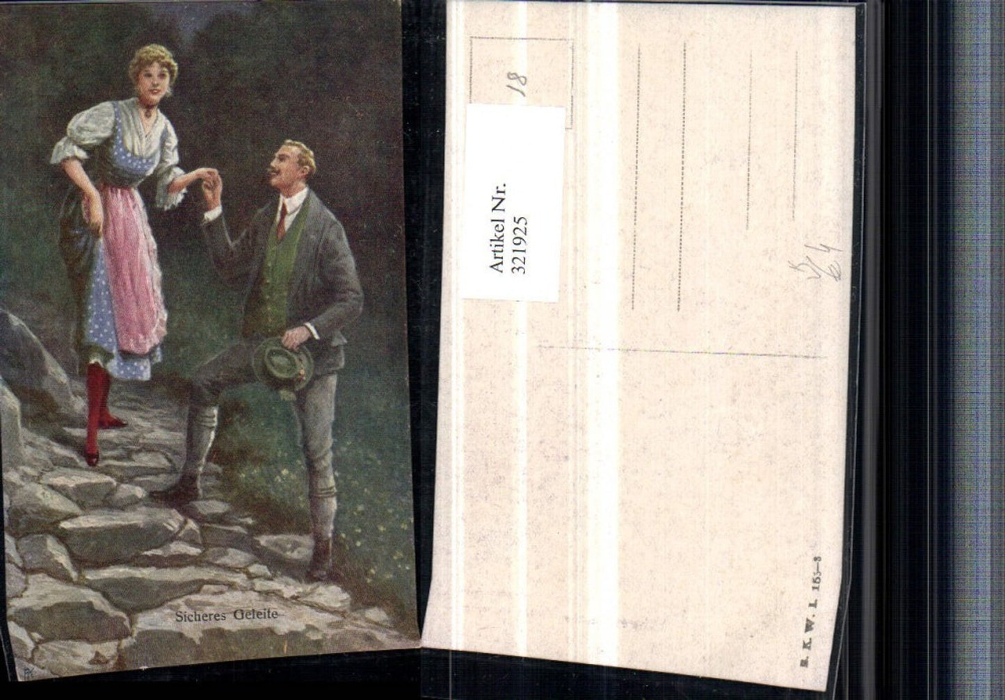 321925,Künstler AK Sicheres Geleite Paar Tracht Federhut pub B.K.W.I. 155/3