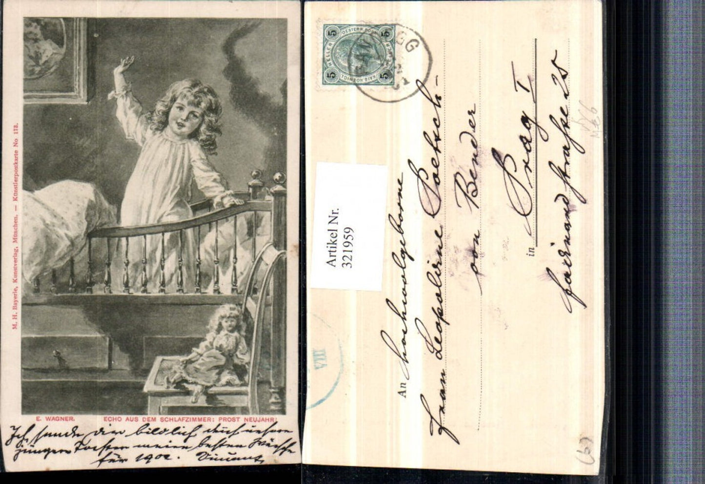 321959,Künstler AK E. Wagner Echo aus d. Schlafzimmer Mädchen Puppe pub M.H. Bayerle 173