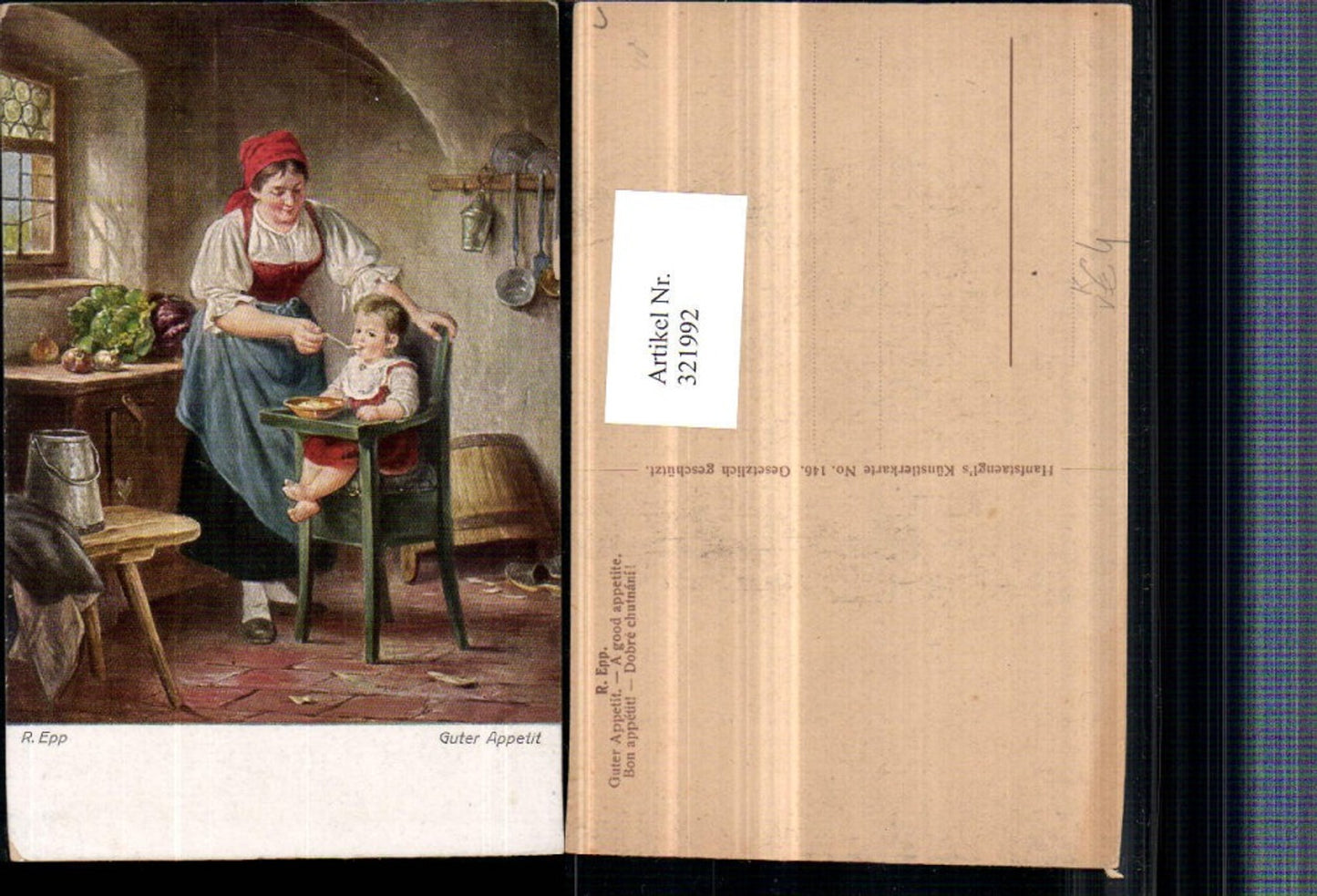 321992,Künstler AK R. Epp Guter Appetit Mutter füttert Kind Kinderstuhl Tracht pub Hanfstaengl 146