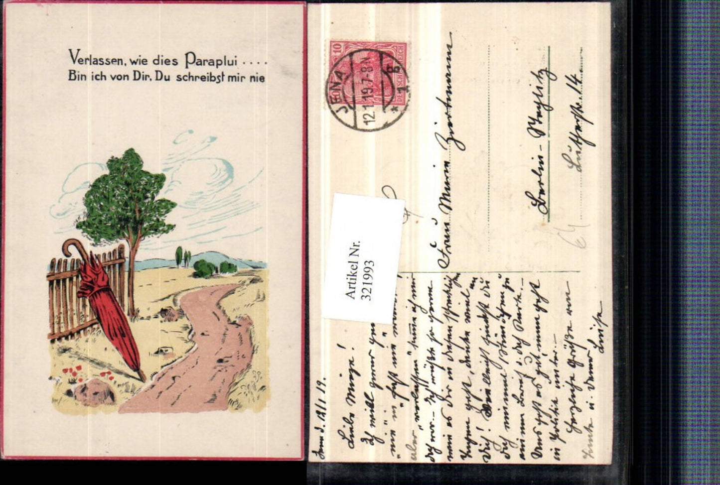 321993,Künstler AK Landschaft Wegpartie Schirm Zaun