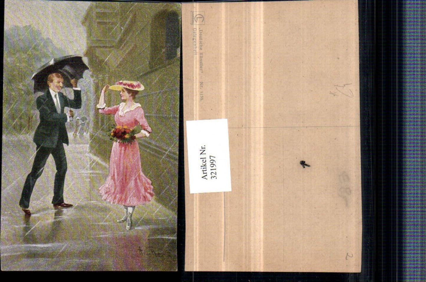 321997,Künstler AK Regen Frau m. Hut Kleid Blumenstrauß Mann m. Schirm