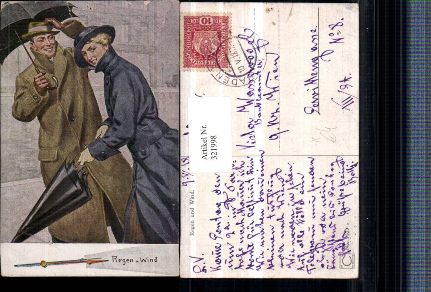 321998,Künstler AK Regen und Wind Frau u. Mann m. Mantel Hut Schirm