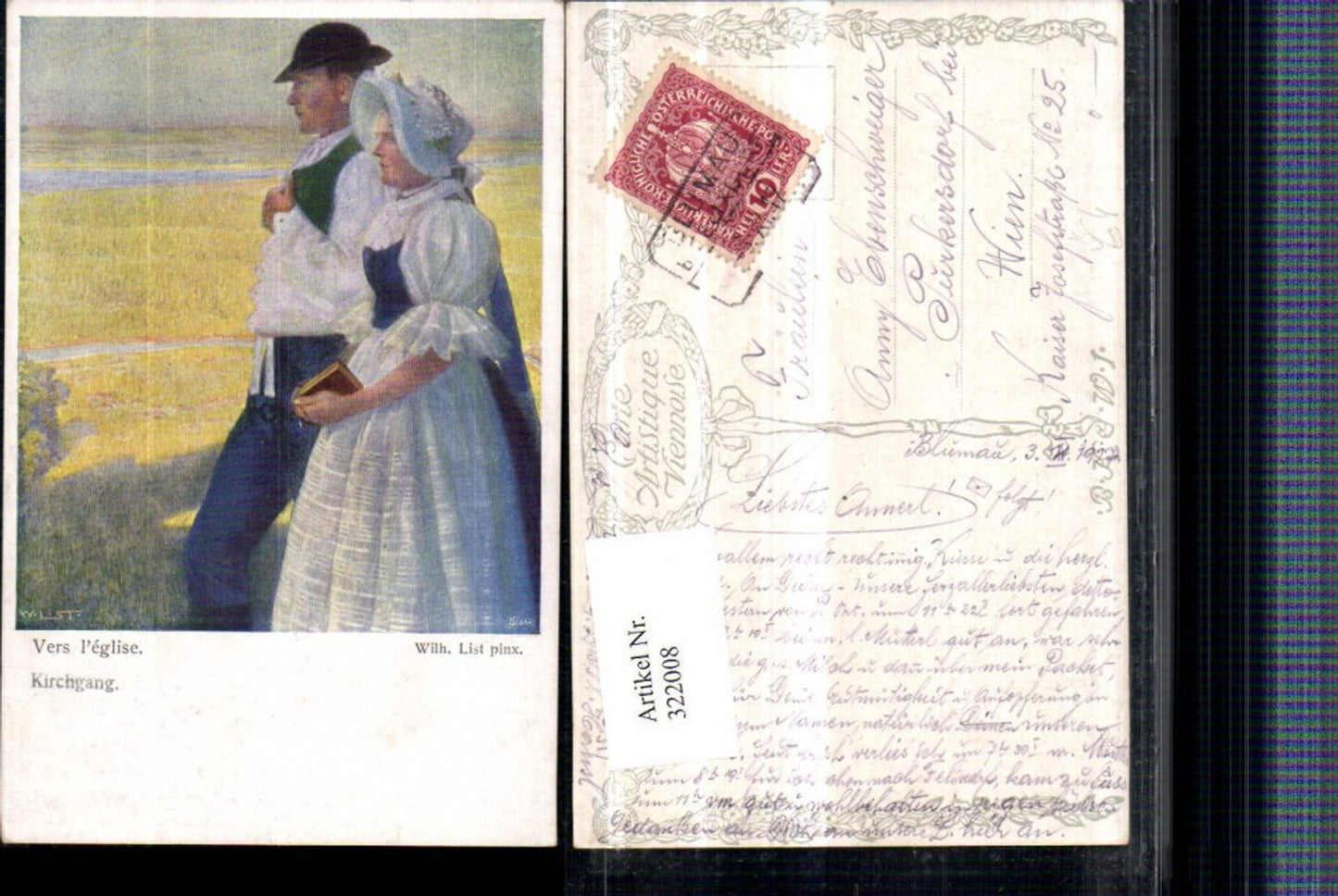 322008,Künstler AK Wilh. List Kirchgang Mann u. Frau in Tracht Hüte Buch pub B.K.W.I. 1338