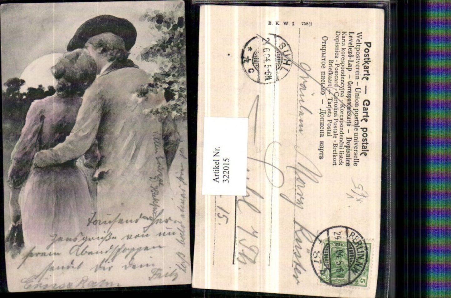 322015,Künstler AK Liebespaar Liebe Kuss Mann m. Hut pub B.K.W.I. 758/1