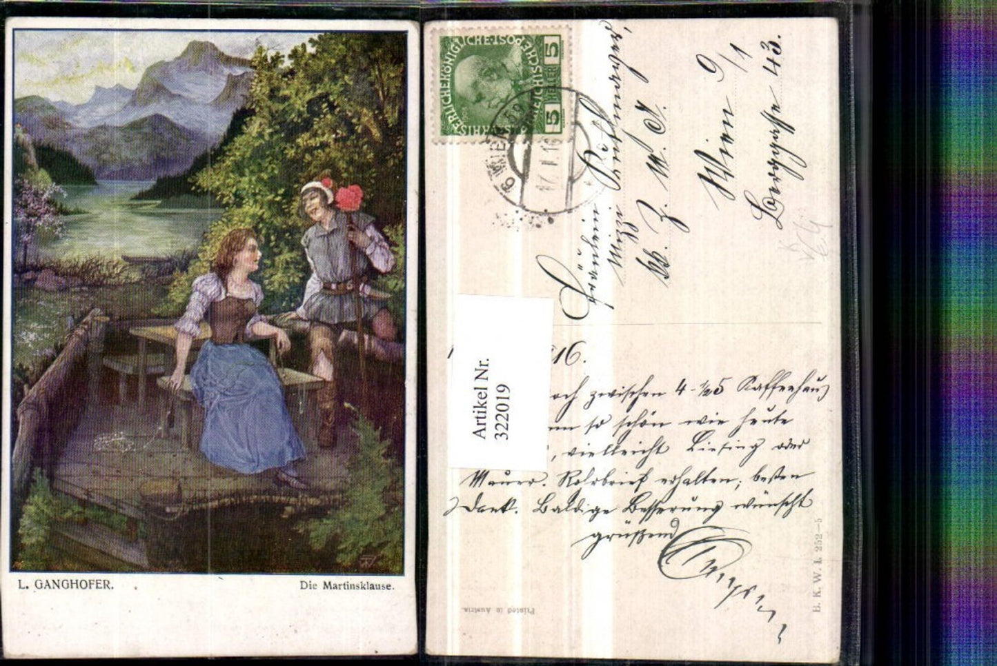 322019,Künstler AK T. Welzl Martinsklause Frau Tracht Mann Stock Bergkulisse pub B.K.W.I. 252/5