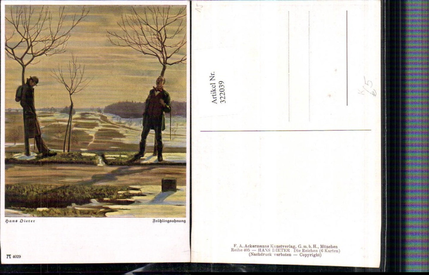 322039,Künstler AK Hans Dieter Frühlingsahnung Männer Landschaft pub A. Ackermann 4029