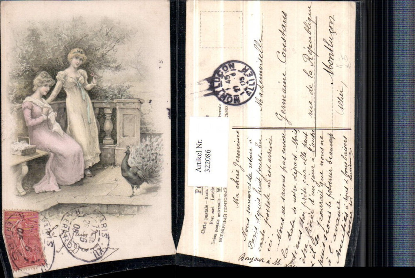 322086,Künstler AK Frauen m. Kleider Sticken Korb Pfau