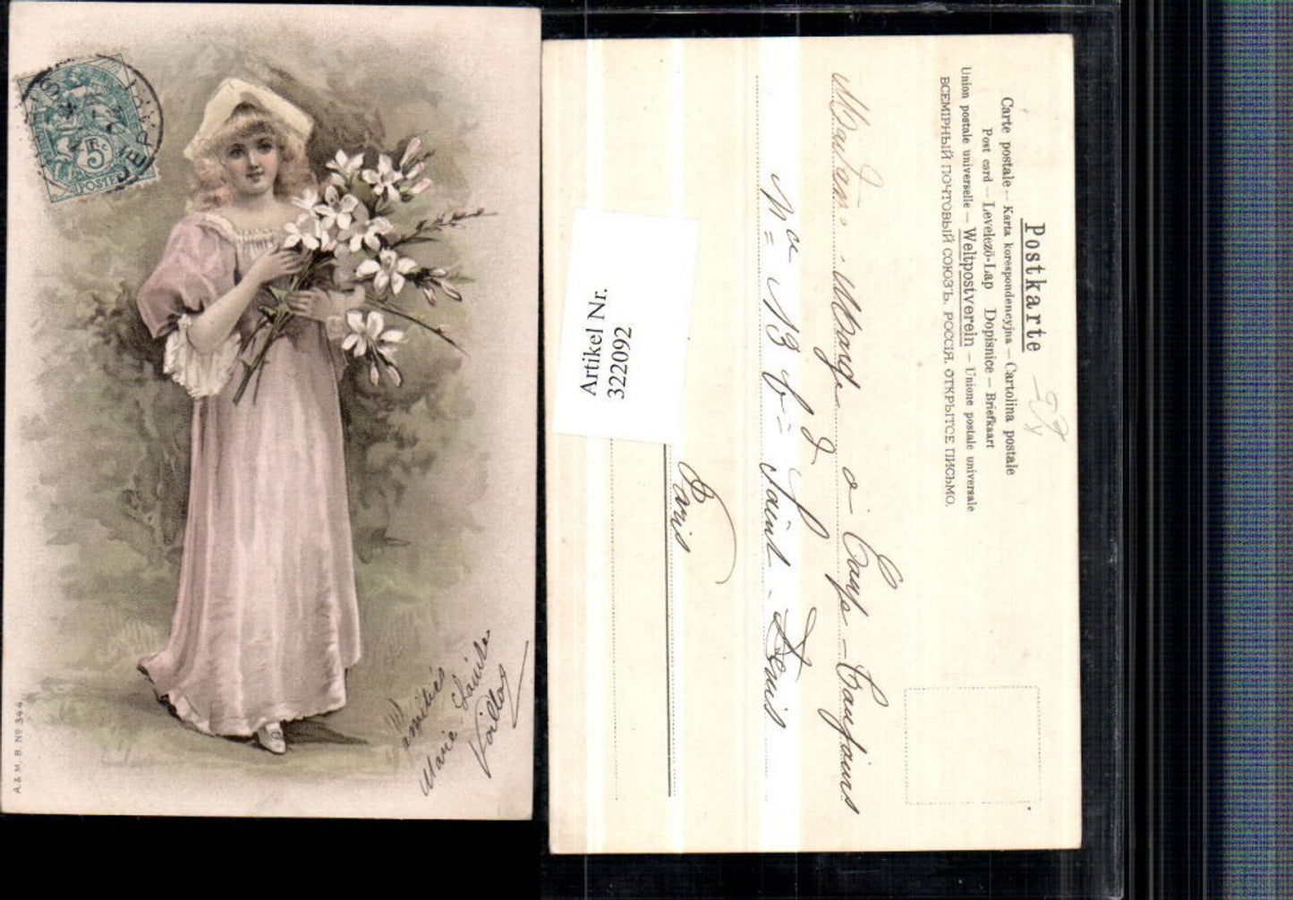 322092,Künstler AK Frau Mädchen m. Kleid Mütze Blumen