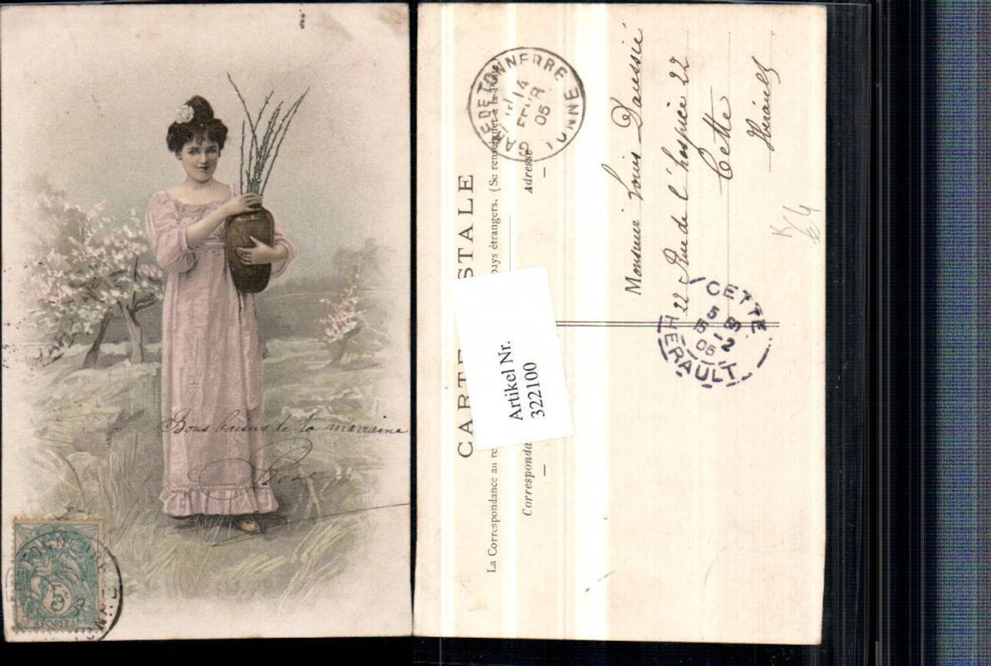 322100,Künstler AK Frau m. Kleid Vase Palmkätzchen Zweige Landschaft