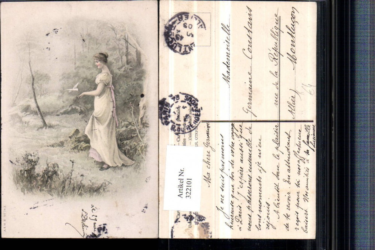 322101,Künstler AK Frau m. Kleid Taube Vogel Landschaft