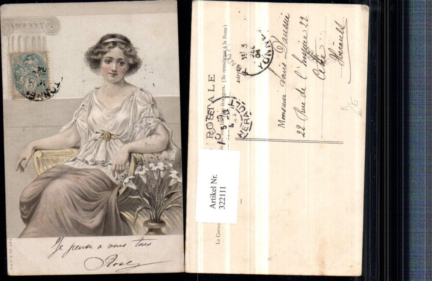 322111,Künstler AK Frau m. Kleid Haarband Blumen Lilien