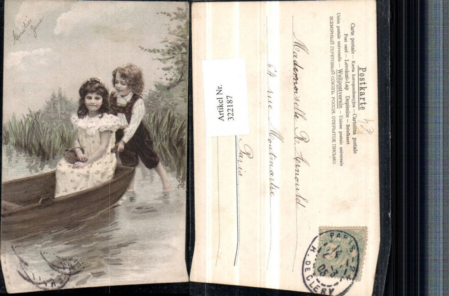322187,Künstler AK Kinder Mädchen m. Kleid Korb Ruderboot Boot