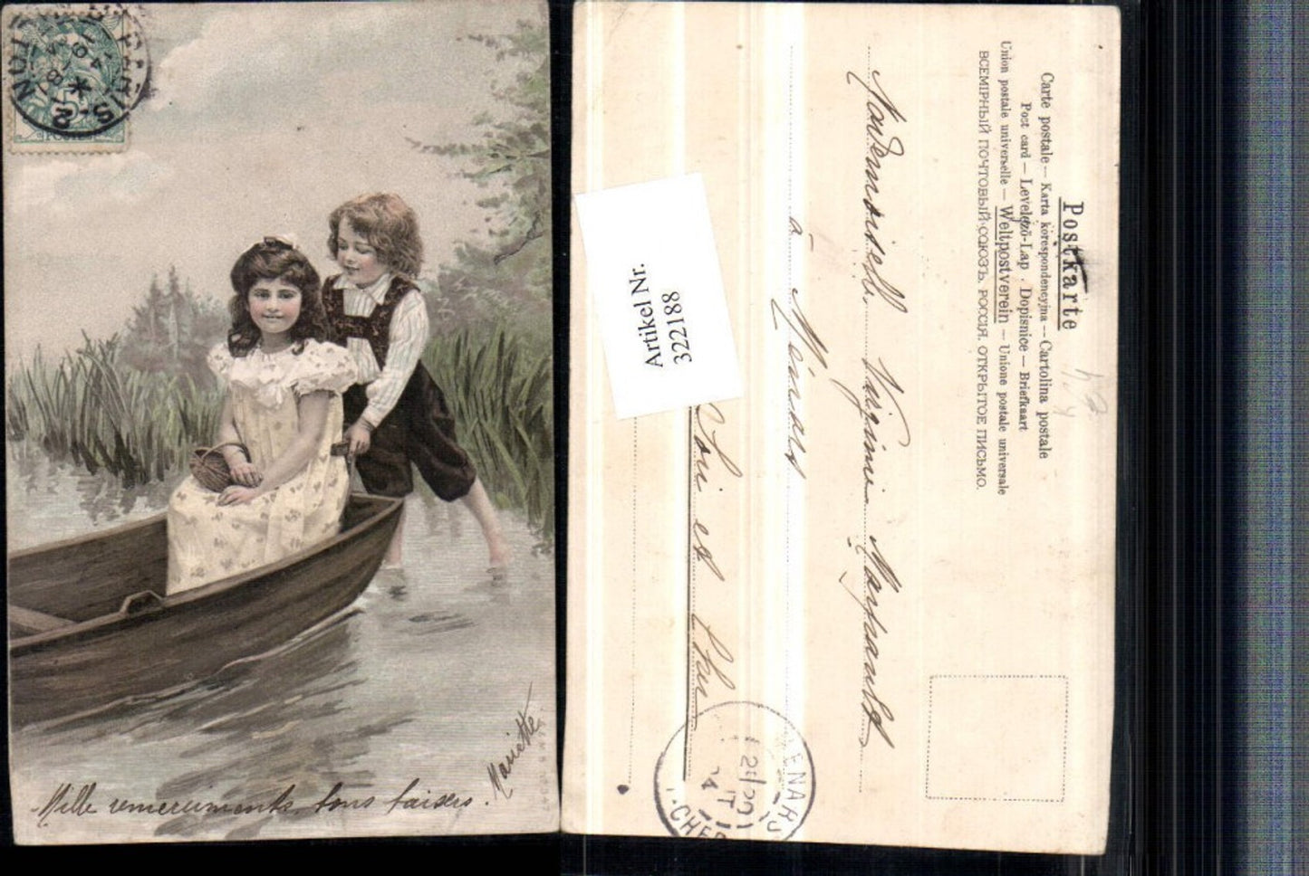 322188,Künstler AK Kinder Mädchen m. Kleid Korb Ruderboot Boot