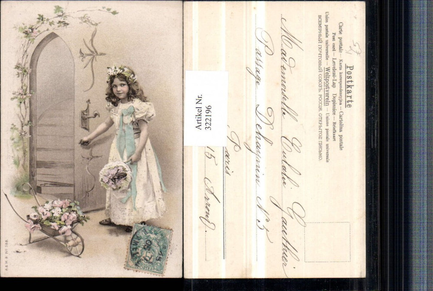 322196,Künstler AK Mädchen m. Blumenkranz Kleid Blumen Schubkarre Tür