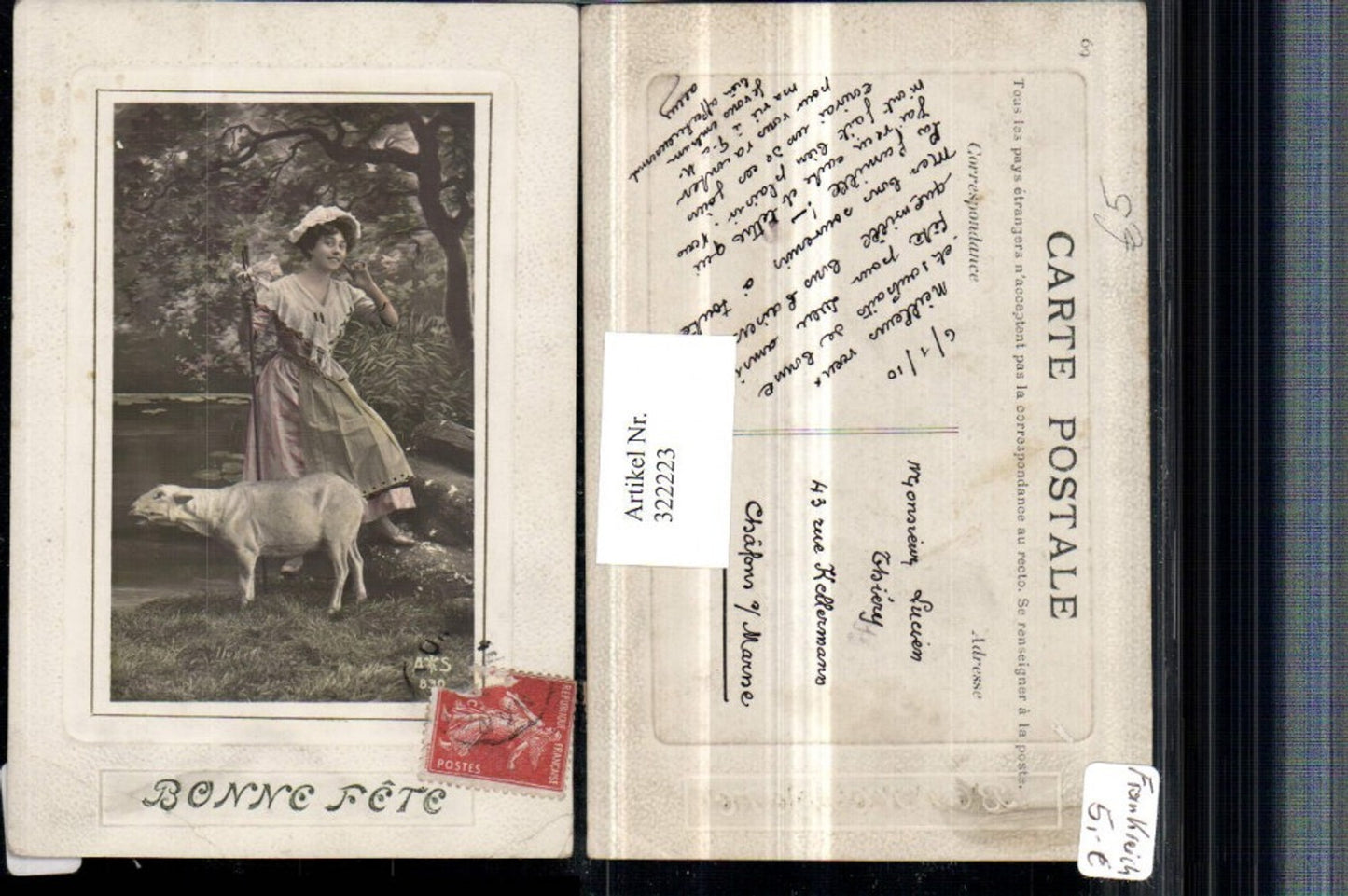 322223,Künstler AK Frau Hirtin m. Haube Kleid Stock Schaf Präge Passepartout