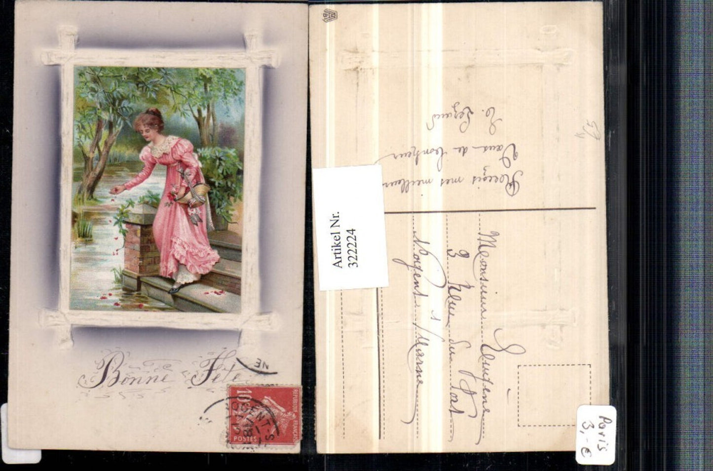 322224,Künstler AK Frau m. Kleid Korb Stiege Blumenblätter Präge Passepartout