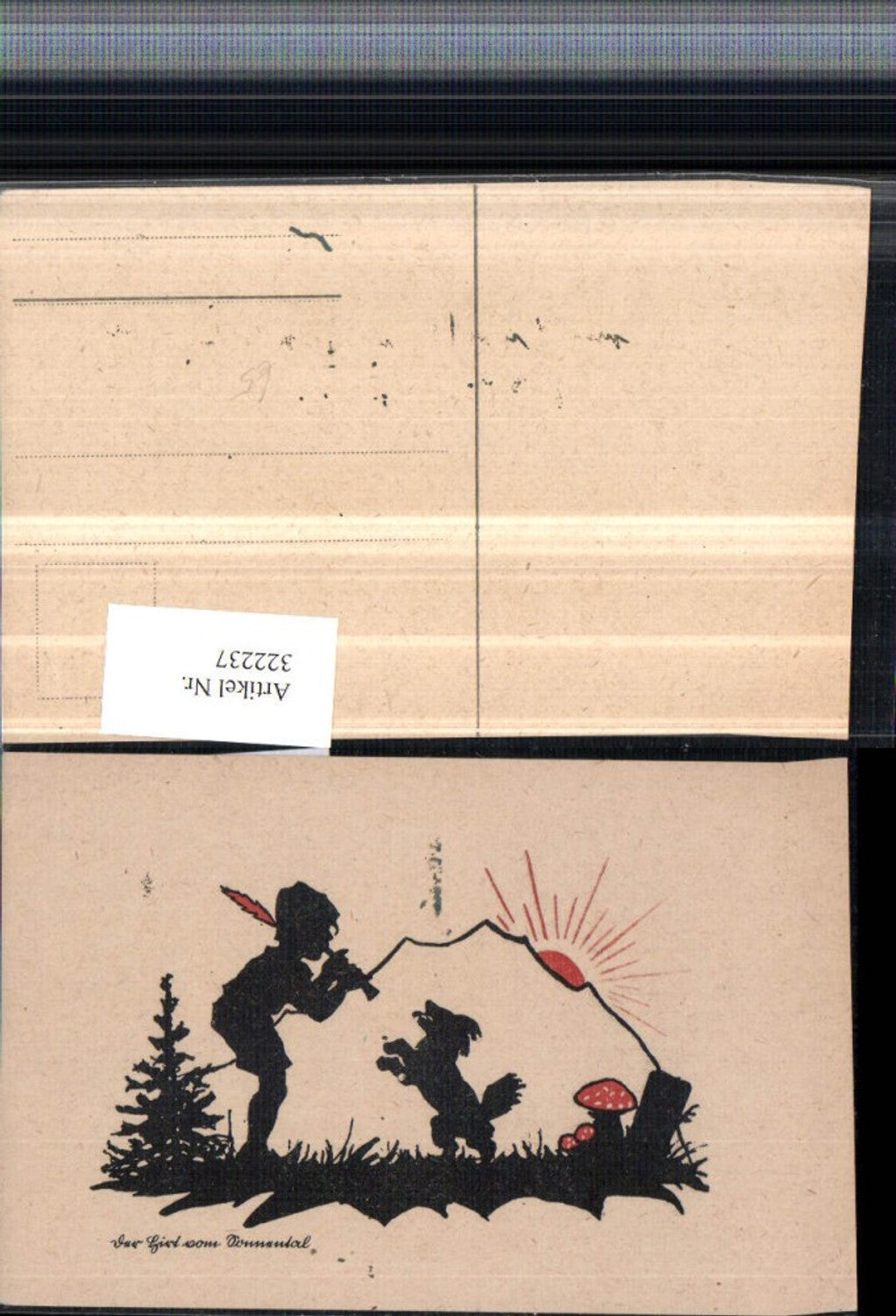 322237,Künstler AK Scherenschnitt Silhouette Der Hirt vom Sonnental Junge Federhut Flöte Hund