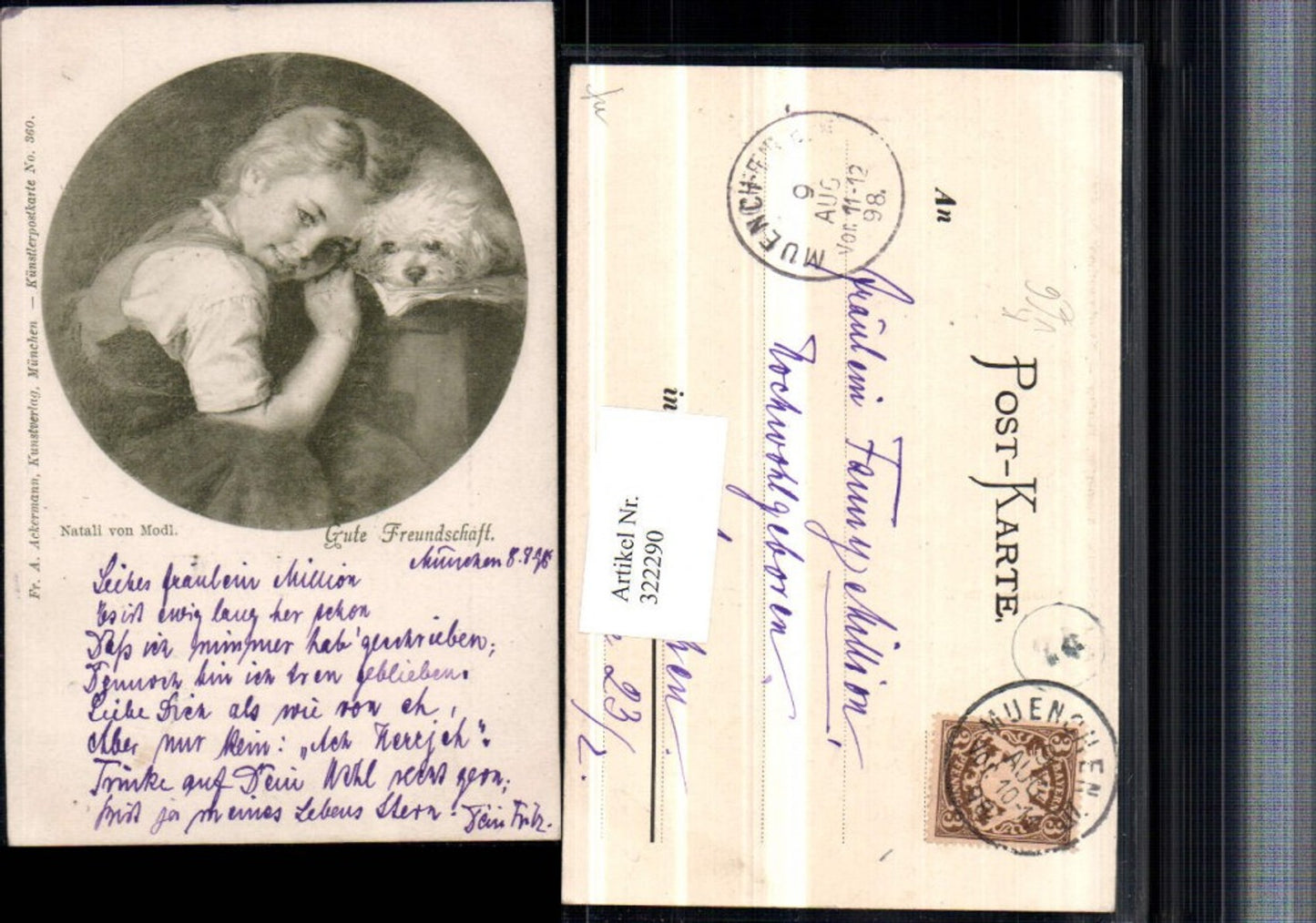 322290,Künstler AK Natali von Modl Mädchen m. Hund Portrait pub A. Ackermann 360