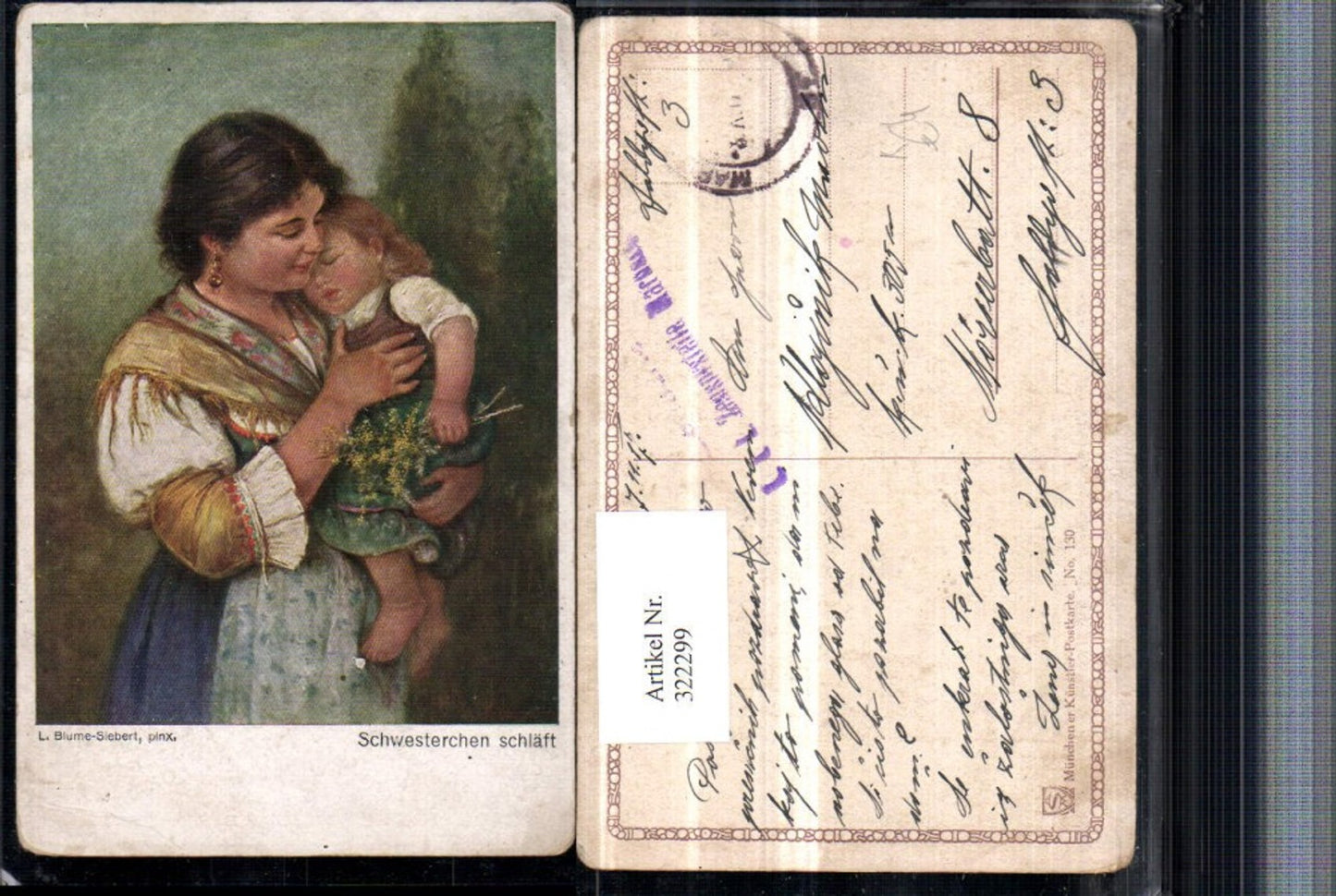322299,Künstler AK L. Blume-Siebert Schwesterchen schläft Frau m. Kind Tracht
