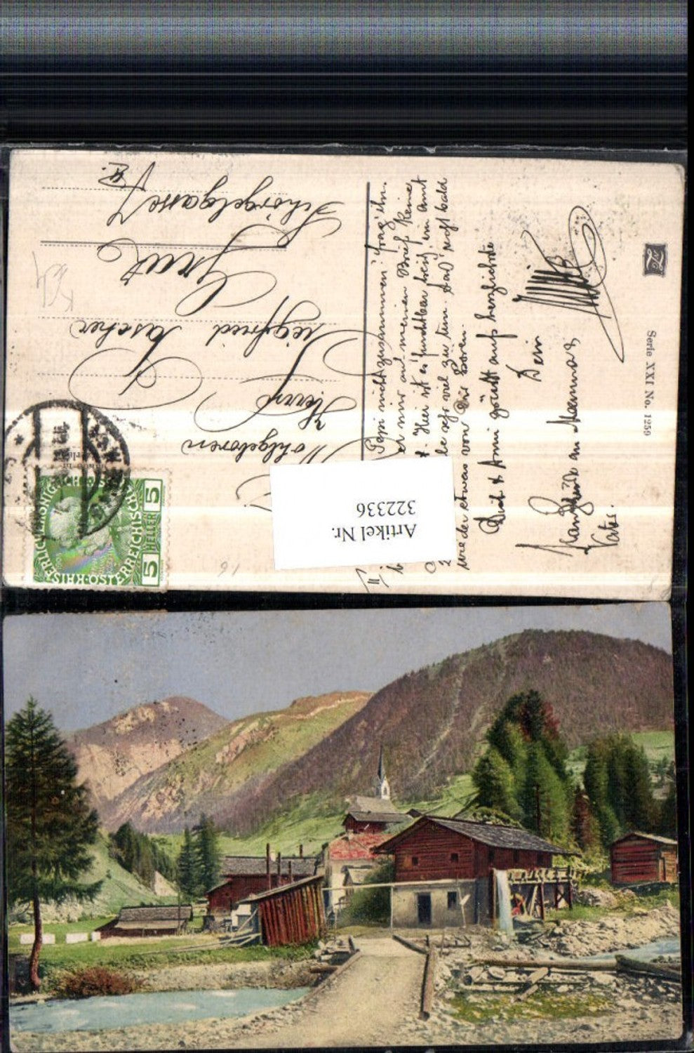 322336,Künstler AK Dorf Ansicht Kirche Brücke Bergkulisse